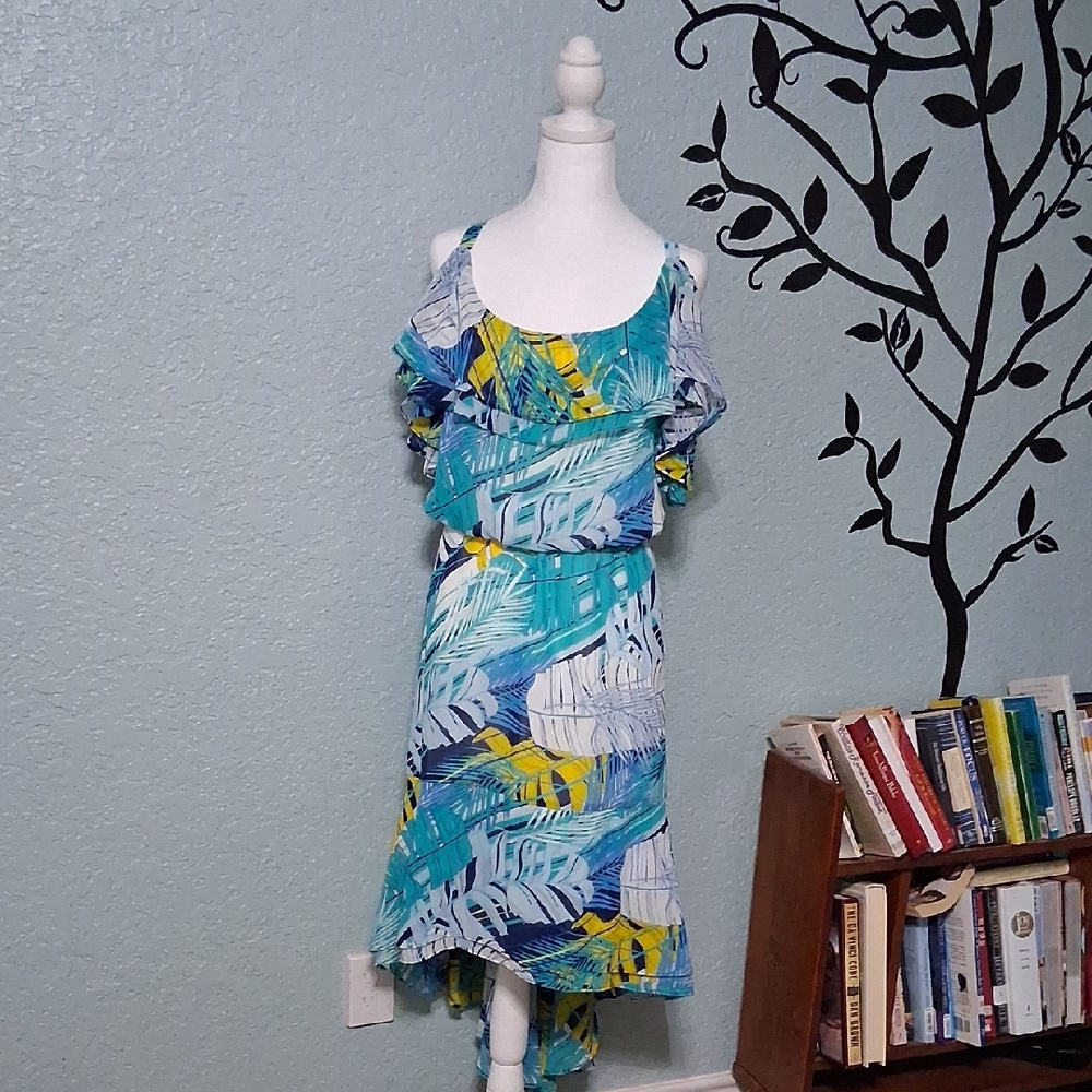 Roz & Ali Blue Green Yellow High Low Dress